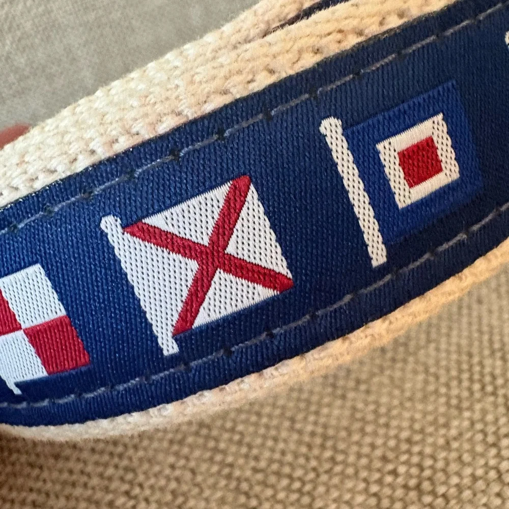 Navy Nautical Ribbon Canvas Belt with Brown Leather Trim